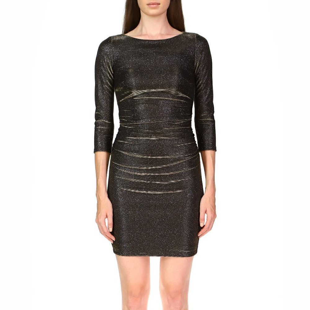 Halston Heritage ruched cocktail black gold glitter metallic dress new 18